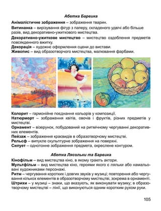 Абетка Барвика
Ан мал с и не а енн зобра ення тварин.
и инанка вирізування ігур з паперу складеного удвічі або біль е
разів вид декоративно у иткового исте тва.
Дек а и н и к е мис е исте тво оздоблення пред етів
повсякденного в итку.
Дек а худо н о ор лення с ени до вистави.
и ис вид образотворчого исте тва ал вання арба и.
К л и гар онійне по днання кольорів у ко пози ії.
а ю м зобра ення квітів овочів і руктів різних пред етів у
исте тві.
О намен візерунок побудований на рит ічно у чергуванні декоратив
них еле ентів.
е а зобра ення кра видів в образотворчо у исте тві.
ел випукле скульптурне зобра ення на поверхні.
Сил е однотонне зобра ення пред ета окреслене контуро .
Абетка Лясольки та Барвика
К н л м вид исте тва кіно в яко у гра ть актори.
М л л м вид исте тва кіно героя и якого ляльки або на альо
вані худо ника и персона і.
и м чергування коротких і довгих звуків у узи і; повторення або чергу
вання кількох еле ентів в образотворчо у исте тві зокре а в орна енті.
и и у узи і знаки о вказу ть як виконувати узику; в образо
творчо у исте тві лінії о викону ться одни коротки рухо руки.
105
 