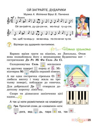 29
О ЗАГ А Е У А К
Музика і і енка Вір і ан енка
Ой за грай те ду да ри ки о ло ді гу у ли
так об та не ь у ви ва не ь по ло ни ни чу ли.
Весело
Відтвори гру дудариків панто і о .
арвик мріяв грати на піаніно, як Лясол ка. Ото
вона познайомила його з ме канцями удиночка нот
сестричками Äî Ðå Ìі Ôà Ñîëü Ëÿ Ñі.
олодкозвучна Ñîëü оселилася
на другому поверсі поряд зі . Мі-
ніат рна і о рала пер ий повер .
е одна сестричка сірен ка і
л ила висоту і тому ила на тре-
т ому поверсі, по ли че до сонечка.
Для до рен кої Äî створили до-
даткову коротку ліні чку.
Ñêоро ти дізна ся закінчення ці ї
казки...
А так і ноти роз істилися на клавіатурі:
Г а. Прочитай слова де «сховалися» ноти:
рога вед дь пара ка так .
Íîòíà ãðàìîòà
С
л
М
Д
С
1
2
3
4
5
 