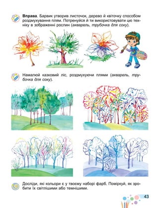 43
а а. арвик утворив листочок дерево й квіточку способо
розд ухування пля . Потренуйся й ти використовувати тех
ніку в зобра енні рослин акваре тру о ка д соку .
На ал й казковий ліс розд уху чи пля и акваре тру
о ка д соку .
осліди які кольори у тво у наборі арб. По іркуй як зро
бити їх світлі и и або те ні и и.
 