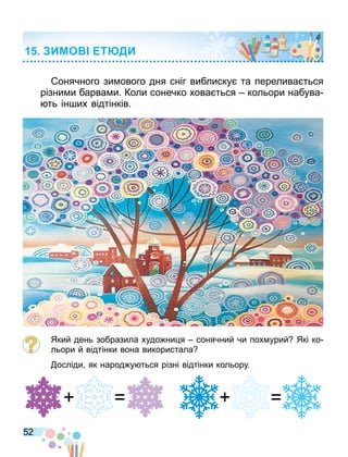52
онячного зи ового дня сніг виблиску та перелива ться
різни и барва и. Коли сонечко хова ться кольори набува
ть ін их відтінків.
Який день зобразила худо ни я сонячний чи пох урий Які ко
льори й відтінки вона використала
осліди як народ у ться різні відтінки кольору.
ИМО Т ДИ
 