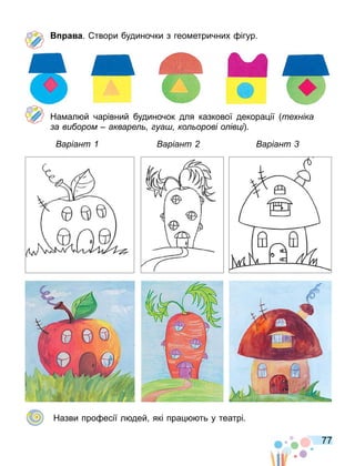 77
а а. твори будиночки з гео етричних ігур.
На ал й чарівний будиночок для казкової декора ії те ніка
а ви ором акваре уа ко орові о ів і .
аріант аріант аріант
Назви про есії л дей які пра ть у театрі.
 