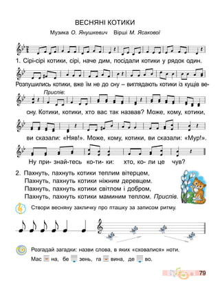 79
ВЕ НЯНІ КО К
Музика ну кеви Вір і М сакової
2. Пахнуть пахнуть котики тепли вітер е
Пахнуть пахнуть котики ні ни дерев е .
Пахнуть пахнуть котики світло і добро
Пахнуть пахнуть котики а ини тепло . рис ів
твори весняну закличку про пта ку за записо рит у.
озгадай загадки: назви слова в яких «сховалися» ноти.
Мас на бе зень га вина де во.
1. ірі сірі котики сірі наче ди посідали котики у рядок один.
озпу ились котики в е ї не до сну вигляда ть котики із ку ів ве
сну. Котики котики хто вас так назвав Мо е ко у котики
ви сказали: «Няв ». Мо е ко у котики ви сказали: «Мур ».
Ну при знай тесь ко ти ки: хто ко ли е чув
рис ів:
 