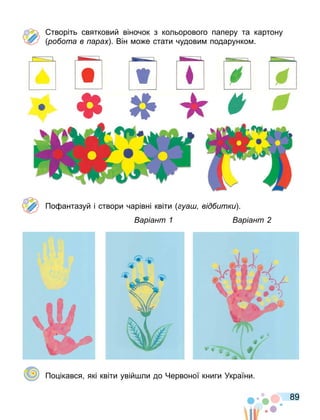 89
творіть святковий віночок з кольорового паперу та картону
ро ота в ара . Він о е стати чудови подарунко .
По антазуй і створи чарівні квіти уа від итки .
аріант аріант
По ікався які квіти увій ли до Червоної книги України.
 