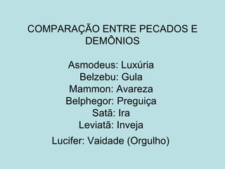 COMPARAÇÃO ENTRE PECADOS E
        DEMÔNIOS

      Asmodeus: Luxúria
         Belzebu: Gula
       Mammon: Avareza
      Belphegor: Preguiça
           Satã: Ira
        Leviatã: Inveja
   Lucifer: Vaidade (Orgulho)
 
