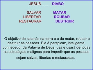 JESUS ......... DIABO

              SALVAR           MATAR
            LIBERTAR           ROUBAR
          RESTAURAR             DESTRUIR



 O objetivo de satanás na terra é o de matar, roubar e
   destruir as pessoas. Ele é perspicaz, inteligente,
conhecedor da Palavra de Deus, usa e usará de todas
 as estratégias malignas para impedir que as pessoas
        sejam salvas, libertas e restauradas.
 