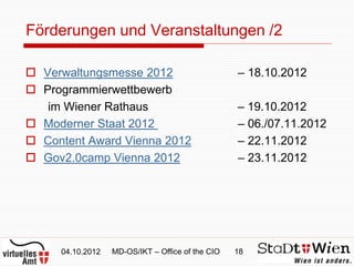 Förderungen und Veranstaltungen /2

 Verwaltungsmesse 2012                           – 18.10.2012
 Programmierwettbewerb
   im Wiener Rathaus                              – 19.10.2012
 Moderner Staat 2012                             – 06./07.11.2012
 Content Award Vienna 2012                       – 22.11.2012
 Gov2.0camp Vienna 2012                          – 23.11.2012




     04.10.2012   MD-OS/IKT – Office of the CIO   18
 