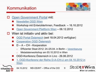 Kommunikation

 Open Government Portal mit:
    Newsletter OGD Wien
    Workshop mit EntwicklerInnen, Feedback – 16.10.2012
    Open Government Plattform Wien – 06.12.2012
 Wien ist initiativ und aktiv bei:
    OGD Portal Österreich (seit 18.04.2012 verfügbar)
    Cooperation OGD Österreich
    D – A – CH - Kooperation
       o   Effizienter Staat 2012: 24./25.04. in Berlin – Vereinbarung
       o   Metadatenworkshop am 03.10.2012 in Wien
    OGD-Konferenz Österreich in Linz - 26.06.2012
    1. OGD-Konferenz der Reihe D-A-CH-LI am 04.10.2012 in
     Wien
       04.10.2012   MD-OS/IKT – Office of the CIO   9
 