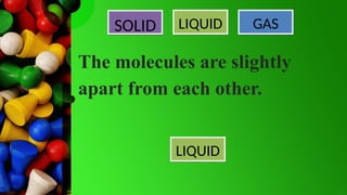 SOLID LIQUID GAS
The molecules are slightly
apart from each other.
LIQUID
 