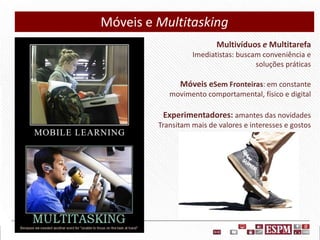 Móveis e Multitasking
Multivíduos e Multitarefa
Imediatistas: buscam conveniência e
soluções práticas

Móveis eSem Fronteiras: em constante
movimento comportamental, físico e digital

Experimentadores: amantes das novidades
Transitam mais de valores e interesses e gostos

 