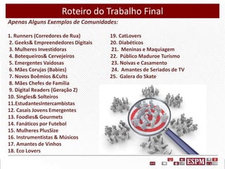 Roteiro do Trabalho Final
Apenas Alguns Exemplos de Comunidades:
1. Runners (Corredores de Rua)
2. Geeks& Empreendedores Digitais
3. Mulheres Investidoras
4. Botequeiros& Cervejeiros
5. Emergentes Vaidosas
6. Mães Corujas (Babies)
7. Novos Boêmios &Cults
8. Mães Chefes de Família
9. Digital Readers (Geração Z)
10. Singles& Solteiros
11.EstudantesIntercambistas
12. Casais Jovens Emergentes
13. Foodies& Gourmets
14. Fanáticos por Futebol
15. Mulheres PlusSize
16. Instrumentistas & Músicos
17. Amantes de Vinhos
18. Eco Lovers

19. CatLovers
20. Diabéticos
21. Meninas e Maquiagem
22. Público Maduroe Turismo
23. Noivas e Casamento
24. Amantes de Seriados de TV
25. Galera do Skate

 