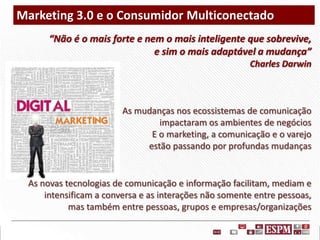 Marketing 3.0 e o Consumidor Multiconectado
“Não é o mais forte e nem o mais inteligente que sobrevive,
e sim o mais adaptável a mudança”
Charles Darwin

As mudanças nos ecossistemas de comunicação
impactaram os ambientes de negócios
E o marketing, a comunicação e o varejo
estão passando por profundas mudanças

As novas tecnologias de comunicação e informação facilitam, mediam e
intensificam a conversa e as interações não somente entre pessoas,
mas também entre pessoas, grupos e empresas/organizações

 