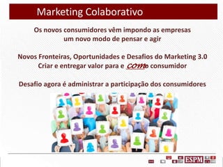 Marketing Colaborativo
Os novos consumidores vêm impondo as empresas
um novo modo de pensar e agir

Novos Fronteiras, Oportunidades e Desafios do Marketing 3.0
Criar e entregar valor para e como consumidor
Desafio agora é administrar a participação dos consumidores

 