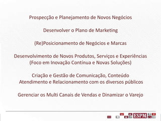 Prospecção e Planejamento de Novos Negócios
Desenvolver o Plano de Marketing

(Re)Posicionamento de Negócios e Marcas
Desenvolvimento de Novos Produtos, Serviços e Experiências
(Foco em Inovação Contínua e Novas Soluções)
Criação e Gestão de Comunicação, Conteúdo
Atendimento e Relacionamento com os diversos públicos

Gerenciar os Multi Canais de Vendas e Dinamizar o Varejo

 