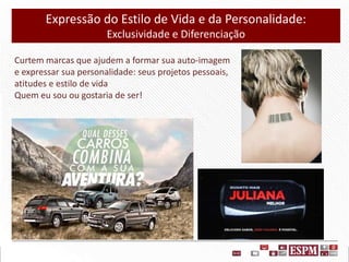 Expressão do Estilo de Vida e da Personalidade:
Exclusividade e Diferenciação
Curtem marcas que ajudem a formar sua auto-imagem
e expressar sua personalidade: seus projetos pessoais,
atitudes e estilo de vida
Quem eu sou ou gostaria de ser!

 