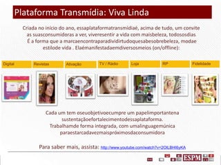 Plataforma Transmídia: Viva Linda
Criada no início do ano, essaplataformatransmídiaé, acima de tudo, um convite
as suasconsumidoras a ver, viveresentir a vida com maisbeleza, todososdias
É a forma que a marcaencontraparadividirtudoquesabesobrebeleza, modae
estilode vida . Elaémanifestadaemdiversosmeios (on/offline):
Digital

Revistas

Ativação

TV / Rádio

Loja

RP

Cada um tem oseuobjetivoecumpre um papelimportantena
sustentaçãoefortalecimentodessaplataforma.
Trabalhamde forma integrada, com umalinguagemúnica
paraestarcadavezmaispróximosdaconsumidora

Para saber mais, assista: http://www.youtube.com/watch?v=2OlLBHI6yKA
Marketing Digital - Canais Proprietários

Fidelidade

 