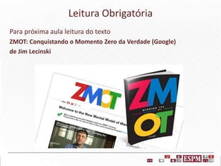 Leitura Obrigatória
Para próxima aula leitura do texto
ZMOT: Conquistando o Momento Zero da Verdade (Google)
de Jim Lecinski

 