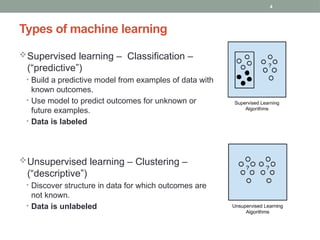 4
Types of machine learning
Supervised learning – Classification –
(“predictive”)
• Build a predictive model from examples of data with
known outcomes.
• Use model to predict outcomes for unknown or
future examples.
• Data is labeled
Unsupervised learning – Clustering –
(“descriptive”)
• Discover structure in data for which outcomes are
not known.
• Data is unlabeled
 