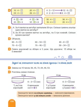 20:4 =
28 : 4 =
ґ-------------------------------------------------
4-3 = 12---------- >12:4 = 0
4-2 = 8---------- >8:4= І
4 ■ =20 4 • С = 36
20 : □ = 4 32:0 = 8
32:4=0 36:4 = 0
16:4=| 20:4 =
А. За 4 квитки на автобус заплатили 20 грн. Скільки гривень коштує
один квиток на автобус?
Б. За 20 грн купили квитки на автобус, по 5 грн кожний. Скільки
купили квитків?
Обчисли.
60 - 5 = 0 60 - 34 = Г 40-8 = 0
70-6 = 0 70-46 = 0 50-34 = 0
Лимон дорожчий за яблуко в 3 рази. Що дорожче: 15 яблук чи
5 лимонів?
Задачі на зменшення числа на кілька одиниць і в кілька разів
Зменш на 10 числа: 36, 45. 72, 84, 46, 53.
Розглянь схеми і поясни.
6 см
І
6 см
І
?, на 3 см
коротший
-----------------1
6-3 = О(см)
6 зменшили
на 3—>3
і-
?, у 3 рази
коротший
6:3= _|(см)
6 зменшили
у 3 рази —> 2
Зменшити число на кілька одиниць — виконати віднімання.
Зменшити число у (в) кілька разів — виконати ділення.
 