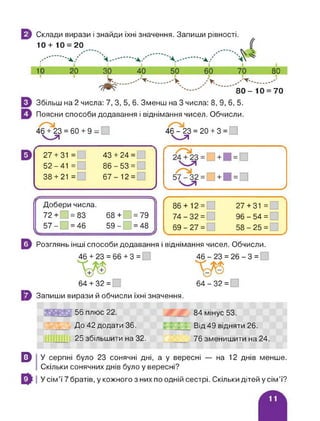 | Склади вирази і знайди їхні значення. Запиши рівності.
10 + 10 = 20
Л--............. "а/ ......-...............................-а/
і і і і і і
10 20 80
, ......
80-10 = 70
Збільш на 2 числа: 7, 3, 5, 6. Зменш на 3 числа: 8, 9, 6, 5.
Поясни способи додавання і віднімання чисел. Обчисли.
46 + 23 = 60 + 9 - 46 - 23 = 20 + 3 =
27 + 31 = 43 + 24 =
52-41 = 86-53 =
38 + 21 = 67-12 =
V У
п Л
Добери числа.
72+ =83 68+ =79
57- =46 59- =48
(----------------
86 + 12 =
74 - 32 =
69 - 27 =
___________7
27 + 31 =
96-54 =
58-25 =
Розглянь інші способи додавання і віднімання чисел. Обчисли.
46 + 23 = 66 + 3 = 46 - 23 = 26 - 3 =
64 - 32 =64 + 32 =
Ц Запиши вирази й обчисли їхні значення.
ф У серпні було 23 сонячні дні, а у вересні — на 12 днів менше.
Скільки сонячних днів було у вересні?
56 плюс 22.
До 42 додати 36.
25 збільшити на 32.
84 мінус 53.
Від 49 відняти 26.
76 зменишити на 24.
У сім’ї 7 братів, у кожного з них по одній сестрі. Скільки дітей у сім’ї?
 