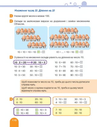 Множення числа 10. Ділення на 10
Назви круглі числа в межах 100.
Склади за малюнками вирази на додавання і заміни множенням.
Обчисли.
10+ 10 + 10= 10-Г = 10 + .. . + 10= 101 =
З рівності на множення склади рівність на ділення на число 10.
10 2 = 20-----»20: 10 = 2) 10-6 = 60 60: 10 = П
10-3 = 30 30: 10 = □ 10-7 = 70 70: 10 = Г
10-4 = 40 40:10 = 10-8 = 80 80: Ю = |
10-5 = 50 50: 10 = 10-9 = 90 90: 10 = □
Щоб помножити число на 10, треба до цього числа дописати
справа нуль.
Щоб число з нулем поділити на 10. треба в цьому числі
відкинути справа нуль.
2 • 10 20; 10
6-Ю
V
60: Ю
ЗО: 10 = 3
40: 10 =
.-10 = 30 □: 10 = 3
[□•10 = 40 □:Ю = 4 ]
ґ---------------------------------------
7- 10 70: 10
8- 10 80: 10
 