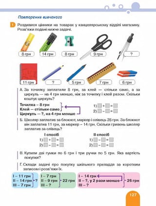 Повторення вивченого
Роздивися цінники на товарах у канцелярському відділі магазину.
Розв’яжи подані нижче задачі.
А. За точилку заплатили 8 грн, за клей — стільки само, а за
циркуль — на 4 грн менше, ніж за точилку і клей разом. Скільки
коштує циркул ь?
Точилка-8 грн ~|
Клей — стільки само]
Циркуль — ?, на 4 грн менше —І
1) О+О=П
2) П-П=П
Б. Школяр заплатив за блокнот, маркер і олівець 28 грн. За блокнот
він заплатив 11 грн, за маркер - 14 грн. Скільки гривень школяр
заплатив за олівець?
І спосіб
■!)□+□=□
2)П-П=П
II спосіб
1) П-П=П
2) П-П=п
В. Купили дві гумки по 6 грн і три ручки по 5 грн. Яка вартість
покупки?
І
Г. Склади задачі про покупку шкільного приладдя за коротким
записом і розв’яжи їх.
і - 14 грн <----------------
II - ?, у 2 рази менше *• 26 грн
III-?
 