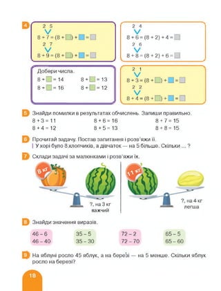 Добери числа.
8+0=14 8+0=13
8+0=16 8+0=12
Знайди помилки в результатах обчислень. Запиши правильно.
8 + 3 = 11 8 + 6=16 8 + 7=15
8+4=12 8+5=13 8+8=15
Прочитай задачу. Постав запитання і розв’яжи її.
У хорі було 8 хлопчиків, а дівчаток — на 5 більше. Скільки ... ?
Склади задачі за малюнками і розв’яжи їх.
важчий
Знайди значення виразів.
46-6 35-5 72-2 65-5
46-40 35-30 72-70 65-60
На яблуні росло 45 яблук, а на березі — на 5 менше. Скільки яблук
росло на березі?
 