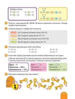 Добери числа. 1
5 + =11 6 + 0=11
5 + 0=12 7 + 0=12
%
5 З
5+У=(О + О)+О = О
5 4
V
і 5 +9= (□ + □)+■ = □
Поясни, чому вирази 5 + 6 і 6 + 5 мають однакове значення. Склади
подібні пари виразів.
Запиши вирази і знайди їхні значення.
До 5 додати різницю чисел 28 і 23.
До 5 додати суму чисел 12 і 10.
Від 20 відняти різницю чисел 40 і ЗО.
Від 50 відняти суму чисел ЗО і 10.
Обчисли зручним для себе способом.
7+2+3 6+5+4 8 + 3 + 2
4 + 2+6 1+6 + 9 3 + 6 + 7
Розв’яжи задачу. Доповни короткі записи обернених до неї задач.
Віктор прочитав 20 сторінок журналу. До кінця журналу йому зали­
шилось прочитати 12 сторінок. Скільки сторінок у журналі?
Було — ?
Прочитав — 20 с.
Залишилось —12с.
Було — с.
Прочитав — с.
Залишилось — ?
Було — с.
Прочитав — ?
Залишилось —12с.
Під яким номером ключ від замка?
 