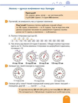 Хвилина — одиниця вимірювання часу. Календар
Пригадай!
Ніч, ранок, день, вечір — це частини доби.
У добі 24 години. У годині 60 хвилин.
Прочитай, як вимірюють часу годинах і хвилинах.
Пам’ятай! Годинна стрілка здійснює повний оберт
за 12 годин, а хвилинна — за 1 годину. Тоді як відстань між
двома сусідніми числами на циферблаті годинна стрілка
долає за 1 годину, а хвилинна — за 5 хвилин.
А. Полічи п'ятірками від 0 до 60.
+5 +5 +5 +5
-^5Ж6Н45І-ЖН55І-ГбО
Б. Час лічать від півночі (0 годин 0 хвилин). Обидві стрілки тоді пока­
зують на 12. Полічи хвилини п’ятірками на циферблаті годинника,
почавши з 12.
Запиши час, який показують годинники.
11 год хв 14 год хв ІгодОхв
Скільки діб у тижні? Назви порядковий номер днів тижня: перший —
понеділок, другий — ... , третій — ... і т. д.
В одному місяці ЗО або 31 доба (у лютому 28 або 29 діб).
Рік складається з 12 місяців і поділяється на 4 пори року.
 