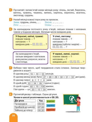 ц Прочитай і запам’ятай назви місяців року: січень, лютий, березень,
квітень, травень, червень, липень, серпень, вересень, жовтень,
листопад,грудень.
Назви місяці кожної пори року за зразком.
Зима: грудень, січень,... . Весна: ... ,... , ... .
Літо: ... Осінь: .......,... .
За календарем поточного року з’ясуй, скільки повних і неповних
тижнів у поданих місяцях. Випиши числа вихідних днів.
г
У березні, квітні, травні: У січні, лютому:
повних тижнів — ? повних тижнів — ?
неповних — ? неповних — ?
вихідних ДНІВ— вихідних (субота і неділя) —
к. __ /
г За календарем з’ясуй,
г
У червні, липні, серпні:

скільки вихідних і святкових повних тижнів — ?
днів разом у вересні, жовтні неповних — ?
і листопаді. вихідних днів — , . , ... 9
---------------------------------------------- /
Вибери таке число, щоб твердження стало істинне. Запиши твер­
дження в зошиті.
В одному році І 13 || 14 | рГ2~| місяців.
В одному місяці може бути 27 28 29 ЗО 31 32 ДНІ (днів)
В одному тижні 6 7 8 днів.
В одній добі | 22 ||~24~|| 26 години (годин).
Прочитай умову і таблицю. Оціни дії учня.
Уроки в школі розпочинаються о 08.30.
Дія учня Час
|Прокинувся 09.00
| Прийшов до школи 07.00
[ Зайшов до класу 08.20
вчасно
гі—
 