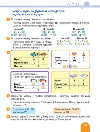 Складені задачі на додавання числа до суми
і віднімання числа від суми
Розв’яжи задачу різними способами.
На гілці сиділо 3 синиці і 7 горобців. До них прилетіли ще 2 синиці.
Скільки птахів стало сидіти на гілці?
І спосіб
1) 3 + 7 = П
2) О + 2 = П
II спосіб
1) 3 + 2=и
2) П + 7 = П
III спосіб
1) 7 + 2 = И
2) О + 3 = П
І спосіб
1) 7 + 5 = П
2) П-з=П
II спосіб
1) 5-3 = П
2) П + 7 = П
Розв’яжи задачу двома способами.
На тарілці лежало 7 груш і 5 яблук.
З’їли 3 яблука. Скільки фруктів
залишилося на тарілці?
Ґ 1
1
1
|<
1
1
.---------- >А 
ліЮ-
Ж -5-. ' та V.
Було 4 : 5
Припливло; 10 ! -
Стало
< _____ _
9■
У
Було............
Привезли1.0 __
Стало ! ?
(П + И) + П
(ґ .
Добери числові дані.
Розв’яжи зручним способом.
(---------------- --------- ----------
Було ; 3 : 2-- ---------—----
.БУЛО...............
Поїхало -
Стало І ?
Прилетіло - 4
Стало ; ?
<_________________________ >
Прочитай умову і постав запитання. Розв’яжи задачу різними
способами.
На майданчику гралося 5 дівчаток і 7 хлопчиків. Пішло троє дітей.
Скільки ... ?
Суму чисел 50 і 10
зменш на 20.
Різницю чисел 80 і 20
зменш на ЗО.
Іванові зараз 7 років, і він у 2-му класі. Скільки років буде хлопчикові
у такий самий час, коли він ходитиме до 9-го класу?
 