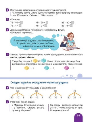 0 Постав два запитання до умови задачі та розв’яжи її.
На початку року в Олега було 36 зошитів. До кінця року він викори­
став 25 зошитів, Скільки ... ? На скільки ... ?
0 Обчисли.
79 - 40 = 45 - 20 =) 86 - ЗО =
79-4 = 1 45-2 = 86-3 =
0 Допоможи Олегові побудувати геометричну фігуру.
Обчисли її периметр.
Я уявляю фігуру, яка має 4 вершини,
4 прямі кути, дві сторони по 5 см,
а інші дві — меншої довжини.
ф Уважно прочитай умову й усно зроби припущення, вживаючи слова
часто, зрідка, ніколи.
У коробці лежить 9 і 2 .Ганна дістає наосліп з коробки
цеглинки конструктора. Як часто вона може витягти такі цеглинки:
Складені задачі на знаходження третього доданка
0 Яке число має бути замість знака питання?
50 60 80
/К
20 10 ? ЗО 10 ? 40 ЗО ?
70
20 20 ?
5Розв’яжи прості задачі.
У Маринки 8 червоних кульок
і 5 зелених. Скільки всього
кульок у Маринки?
За ложку і виделку заплатили
24 грн. Ложка коштує 14 грн.
Яка ціна виделки?
 