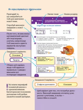 Як користуватися підручником
Пригадай те,
що знадобиться
тобі для вивчення
нової теми.
Назва теми Назва розділу
Спробуй виконати
завдання з нової
теми.
• • / *• Розділ 2. УСНЕ ДОДАВАННЯІ ВІДНІМАННЯ
ДВОЦИФРОВИХ ЧИСЕЛ У МЕЖАХ 100
О • А________ ________________ а •
Після того, як виконаєш
математичний диктант
або інші вправи,
учитель запропонує
тобі виконати один із
варіантів наступних
завдань.
Складання задач на різницеве порівняння
О Порівняй числа за зразком.
Іг56>34на224| 39>14на|
І І
«56-34 = 22 ' 39-14 =
88 > 73 на
88-73 =
Прочитай задачі і постав запитання до них. Розв'яжи.
У годівниці сиділо 7 горобців.
4горобці полетіли. Скільки ... ?
В одній вазі було 9 троянд, а в
другій — 7. Скільки ... ?
Завдання І варіанта:
Було — 80 грн
Витратили — 50 грн
Залишилося —
Обери варіант,
якщо тобі вдалося
правильно і швидко
виконати всі
попередні завдання.
І
Усі етапи перевіряй
і коментуй разом з
■ однокласниками.
Багаторазове пояснення
допоможе тобі добре
засвоїти новий матеріал.
І) Розв'яжи задачу із двома запитаннями.
Ужурналі було 48 сторінок. Оля прочитала 35 сторінок.
Скільки сторінок залишилося Олі прочитати?
На скільки більше сторінок Оля прочитала,
ніж їй залишилося прочитати?
Було — 48 с.
Прочитала — 35 с.
Залишилося —
Доповни і розв'яжи.
Було — і ] грн
Витратили — грн
Залишилося — ?
Завдання II варіанта:
З мірою допомоги
Було — 70 сторінок.
Прочитали — 40 с.
Залишилося — ?
Було — 90 грн
Витратили — 60 грн
Залишилося — ?
1) 9О-П=0(с.);
2) 60-Д = Щ(с.).
Основне
Цей варіант для тих, хто потребує допо­
моги. Виконуй завдання спочатку усно
разом з учителем, а потім —
самостійно в зошиті.
 