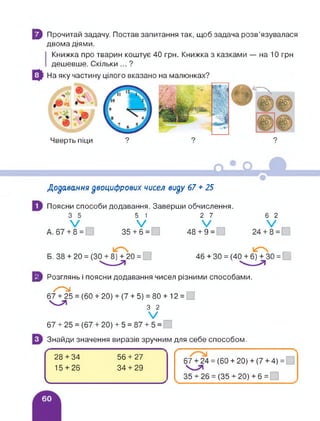 } Прочитай задачу. Постав запитання так, щоб задача розв’язувалася
двома діями.
І
Книжка про тварин коштує 40 грн. Книжка з казками — на 10 грн
дешевше. Скільки ... ?
На яку частину цілого вказано на малюнках?
Чверть піци
Додавання двоцифрових чисел виду 67 + 25
Поясни способи додавання. Заверши обчислення.
5 1
V
35 + 6 =
2 7
V
48 + 9 =
6 2
ГП
Б. 38+ 20 = (30+ 8)+ 20 =
гп
46 + 30 = (40 + 6) + 30 = 1
5 Розглянь і поясни додавання чисел різними способами.
/^1
67 + 25 = (60 + 20) + (7 + 5) = 80 + 12 =
3 2
V
67 + 25 = (67 + 20) + 5 = 87 + 5 =
Знайди значення виразів зручним для себе способом.
67 + 24 = (60 + 20) + (7 + 4) =
35 + 26 = (35 + 20) + 6 =
28 + 34
15 + 26
56 + 27
34 + 29
V 2
 