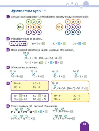 Віднімання чисел виду 70-4
0 Склади і запиши рівності, вибравши по одному числу з кожного ряду.
00©
60+ 00©
000
1 2 3
0(5 6
000
Розклади числа за зразком.
(*40 = 30 + 10*) 80 = 70 + 50= + 30 = 0+1
Поясни спосіб віднімання чисел. Заверши обчислення.
50 ю
V _
60-4 = 50+ (10-4) = 50 +6 =
70-3 = 60+ (О-3) =□ + ■ = □
0 Обчисли з поясненням.
60 10 60 10
V г V
70-5 = [ 70-4= _
40 10
V _
50 - 7 = □
50 10
V
60 - 8 = □
лЛ"
70-6 80-4
50-3 60-9
V У
30 10
V _
40-3 = 30+ (10-3) = 30+ 7 = 0
70-і = 64 60-і =55
80-[ =76 80-0 = 74
г -------------------------- 
30-5 20-6
30-7 40-8
Укажи порядок дій і виконай обчислення.
0 © ® © ©
(40-5) + (40-6) =□ + ■ = □ 70 - (26 - 20) = □
© © © т © © ©
50 + (ЗО - 4) - 70 = І 80-5+ 10-40 =
 