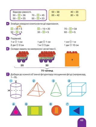 Віднови рівності.
50- = 36 70- =45
50- = 25 60-_=2з]
50-38 40-23
Ч
60-42 80-16
0 Знайди невідомі компоненти дії віднімання.
+
-25 = 5
50- =5
-15 = 20
ЗО- =5
70 - =34
60- =5
Порівняй.
1м 1 см 1 дм 1 см 1 см О 1 м
2 дм 2 см 1м Здм 1 дм 10 см
Склади задачу за малюнком і розв’яжи її.
20 ЗО
70 троянд
І Добери до кожної об’ємної фігури пару площинних фігур (наприклад,
1-В).
о ◄
 