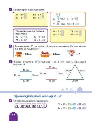 0 Обчисли різними способами.
ґ----------------------------------------------------
24-9 = 1 65-8 =
37 - 8 = [ 56 - 9 = □
Відшукай помилку. Запиши
правильно.
23-5= 18 42-9 = 34
71 -9 = 62 57-8 = 49
Тато купив на 100 грн печиво, тістечко та льодяники. Скільки запла­
тив тато за льодяники?
— ЗО грн — 20 грн
многокутників. Які з нихЗнайди периметр
периметр?
15 см
12 см
10 см
15 см
10см
мають однаковий
Віднімання двоцифрових чисел виду 75 - 28
0 Обчисли за зразком і підказками.
( 75 - 20 = (70 - 20) + 5 = □ )
67-40 = О-П)+И = О
74-30=(И-И)+И = О
 