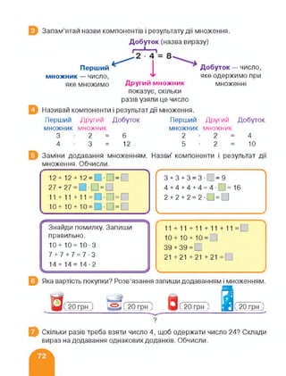 Запам’ятай назви компонентів і результату дії множення.
Добуток (назва виразу)
Перший
множник — число,
яке множимо
ж
Другий множник
показує, скільки
разів узяли це число
2 4 =
Добуток — число,
яке одержимо при
множенні
Називай компоненти і результат дії множення.
Перший
множник
3
4
Другий Добуток
множник
2 = 6
3 = 12
Перший
множник
2
5
Другий Добуток
множник
2 = 4
2 = 10
Заміни додавання множенням. Назви компоненти і результат дії
множення. Обчисли.
12 + 12 + 12 = □•□ = □
27 + 27=И-П = П
11 + 11 + 11=СШ=П
ю+ ю + ю= □ •□ = □
Знайди помилку. Запиши
правильно.
10+ 10= 10-3
7+7+7=7-3
14+ 14 = 14-2
/------------------------ ----------------------------
3 + 3 + 3 = 3-... |=9
4 + 4 + 4 + 4 = 4- > 16
2 + 2 + 2 = 2-О = П
>
11 + 11+11 + 11 + 11 =
10+10 + 10 =
39 + 39 = П
21 +21+21+21 =
ч_______ >Яка вартість покупки? Розв’язання запиши додаванням і множенням.
Скільки разів треба взяти число 4, щоб одержати число 24? Склади
вираз на додавання однакових доданків. Обчисли.
 