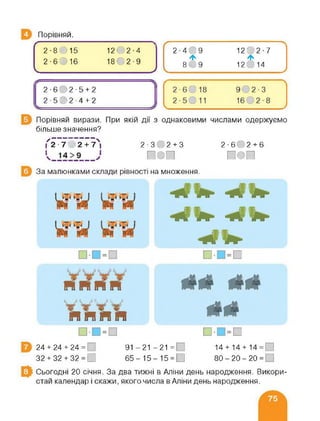 Порівняй.
г
2-8015 1202-4
2-6016 180 2-9
V У
Ґ
2-4 09 1202-7
Ф Ф
8 /|9 120 14
V
якій дії з
12-6 0 2-5 + 2
2-5(02-4 + 2
------$
Порівняй вирази. При
більше значення?
Гг 7 І 2 + 7Х|
За малюнками склади рівності
однаковими числами одержуємо
2-302 + 3
□ОП
2-602 + 6
□оп
на множення.
и
14 + 14+ 14 = 0
80-20-20 =
ШЫ'УМ
ЙИЙЙ
24 + 24 + 24 = 91 -21 -21 =
32 + 32 + 32 = □ 65- 15- 15 = □
Сьогодні 20 січня. За два тижні в Аліни день народження. Викори­
стай календар і скажи, якого числа в Аліни день народження.
 