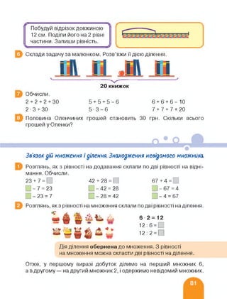 Побудуй відрізок довжиною
12 см. Поділи його на 2 рівні
частини. Запиши рівність.
Склади задачу за малюнком. Розв’яжи її дією ділення.
20 книжок
Обчисли.
2+2+2+30 5+5+5-6 6+6+6-10
2-3 + 30 5-3-6 7 + 7 + 7 + 20
Половина Оленчиних грошей становить
грошей у Оленки?
ЗО грн. Скільки всього
Зв'язок дій множення і ділення. Знаходження невідомого множника
Розглянь, як з рівності на додавання склали по дві рівності на відні-
мання. Обчисли.
23 + 7 = | 42 + 28 = Г 67+4 =
-7 = 23 - 42 = 28 □ - 67 = 4
~ - 23 = 7 -28 = 42 □ - 4 = 67
Розглянь, якз рівності на множення склали по дві рівності наділення.
6 2=12
12:6 = 1 І
12:2 = П
Дія ділення обернена до множення. З рівності
на множення можна скласти дві рівності на ділення.
Отже, у першому виразі добуток ділимо на перший множник 6,
а в другому — на другий множник 2, і одержимо невідомий множник.
 