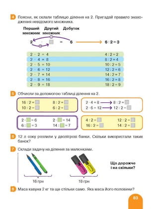 Поясни, як склали таблицю ділення на 2, Пригадай правило знахо­
дження невідомого множника.
Перший Другий Добуток
множник множник
2 2 = 4 4:2 = 2
2 4 = 8 8:2 = 4
2 5 = 10 10:2 = 5
2 6 = 12 12:2 = 6
2 7 = 14 14:2 = 7
2 8 = 16 16:2 = 8
2 9 = 18 18:2 = 9
Обчисли за допомогою таблиці ділення на 2.
/--------“------------ >16:2= 8:2 =
10:2= 6:2 =
Ч_____ _____ ___ ___ ;
( І—1 >
2-4 = 8--------» 8:2 = □
2-6=12------> 12:2 = 1
< У
(с 2-І =6 2-[ =14
6: =3 140=7
V У*
4:2= 12:2 =
16:2= 14:2 =
<__ ____ ____________ _________ /
12 л соку розлили у дволітрові банки. Скільки використали таких
банок?
Склади задачу наділення за малюнками.
—у—
16 грн 18 грн
Що дорожче
і на скільки?
Маса кавуна 2 кг та ще стільки само. Яка маса його половини?
 