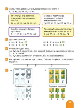 Запам’ятай добутки, отримані при множенні числа 4.
8, 12, 16, 20,24,28,32,36.
г
Упорядкуй ряд добутків, Заповни пропуски за
отриманих при множенні допомогою таблиці
числа 4. множення числа 4.
20,8, 12, 16,36,24,28,32. 36, □, 28, □, 20, □, 12, □, 4.
Знайди помилку. Запиши Упорядкуй ряд добутків, отри-
правильно. маних при множенні числа 4.
8, 12,16,21,24,28,32,36. 8,36, 28, 12, 16,32,20,24.
-------------------------------------------- У
Доповни рівності.
4+4+4+4=4-
3 + 3 + 3 + 3 = Г|-4
4 + 4 + 44-4 + 4 = 4.[
3+3+3+3+3= -5
Розв’яжи задачі усно.
А. Купили 5 зошитів по 4 грн кожний. Скільки грошей заплатили за
всі зошити?
Б. Купили 3 кавуни по 4 кг кожний. Яка маса всіх кавунів?
На прямій поставили три точки. Скільки відрізків утворилося?
Назви їх.
А
А. □ Е
□ q
1
р р ?• ___>
Варіанти відповіді
Ё1 Б
1 2 3
&
4
1
5 6
Варіанти відповіді
1_1 2 З
НЕ4 5 6
 