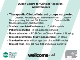 Dublin Centre for Clinical Research -
Achievements
• Therapeutic/Clinical Interest groups supported
Diabetes, Respiratory, GI, Inflammatory Skin Disease,
Neuropsychiatry, Michael Gill, Prostate Cancer,HIV/TB,
Neurodegeneration, Ophthalmology
• Studies completed/underway – 10 at 6 hospitals
• Patients recruited – 2,185 patients recruited
• Nurse education – RCSI Cert.in Clinical Research Nursing
• Clinical informatics/ Study management – in place
• Standard form for ethical approval of non-IMP studies
• Clinical Trial – first CT has IMB and ethical approval
 