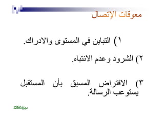 ١) التباین في المستوى والادراك. 
٢) الشرود وعدم الانتباه. 
٣) الافتراض المسبق بأن المستقبل 
یستوعب الرسالة. 
 