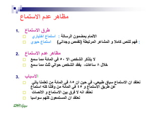 مظاھر عدم الاستماع 
طرق الاستماع . 1 
 الالمام بمضمون الرسالة : استماع اختیاري 
 : فھم للنص كاملا و المشاعر المرتبطة (تقمص وجداني) استماع حیوي 
مظاھر عدم الاستماع . 2 
 لا یتذكر الشخص الا ٥٠ في المائة مما سمع 
 خلال ٨ ساعات، یفقد الشخص حوالي ثلث مما سمع 
الاسباب . 3 
 نعتقد ان الاستماع سیاق طبیعي، في حین ان ٨٥ في المائة من تعلمنا یاتي 
عن طریق الاستماع و ٤٥ في المائة من وفتنا كلھ استماع 
 نعتقد انھ لا فرق بین الاستماع و الانصات 
 نعتقد ان المستمعون كلھم سواسیا 
 