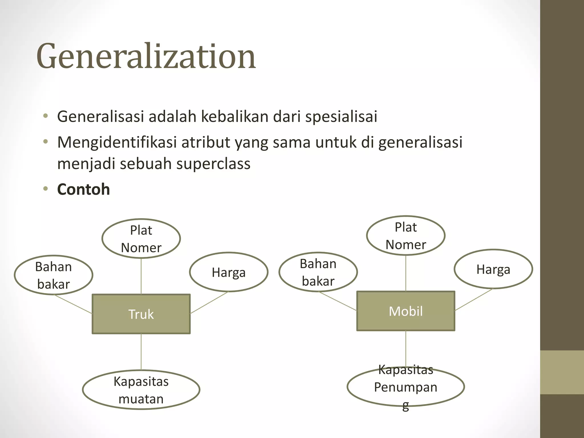 Generalization
&bull; Generalisasi adalah kebalikan dari spesialisai
&bull; Mengidentifikasi atribut yang sama untuk di generalisasi
menjadi sebuah superclass
&bull; Contoh
Truk
Plat
Nomer
HargaBahan
bakar
Kapasitas
muatan
Mobil
Plat
Nomer
HargaBahan
bakar
Kapasitas
Penumpan
g
 