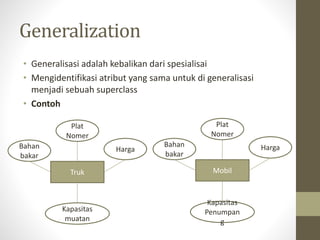 Generalization
• Generalisasi adalah kebalikan dari spesialisai
• Mengidentifikasi atribut yang sama untuk di generalisasi
menjadi sebuah superclass
• Contoh
Truk
Plat
Nomer
HargaBahan
bakar
Kapasitas
muatan
Mobil
Plat
Nomer
HargaBahan
bakar
Kapasitas
Penumpan
g
 