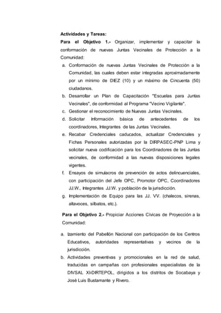 Actividades y Tareas:
Para el Objetivo 1.- Organizar, implementar y capacitar la
conformación de nuevas Juntas Vecinales de Protección a la
Comunidad:
a. Conformación de nuevas Juntas Vecinales de Protección a la
Comunidad, las cuales deben estar integradas aproximadamente
por un mínimo de DIEZ (10) y un máximo de Cincuenta (50)
ciudadanos.
b. Desarrollar un Plan de Capacitación "Escuelas para Juntas
Vecinales", de conformidad al Programa "Vecino Vigilante".
c. Gestionar el reconocimiento de Nuevas Juntas Vecinales.
d. Solicitar Información básica de antecedentes de los
coordinadores, Integrantes de las Juntas Vecinales.
e. Recabar Credenciales caducados, actualizar Credenciales y
Fichas Personales autorizadas por la DIRPASEC-PNP Lima y
solicitar nueva codificación para los Coordinadores de las Juntas
vecinales, de conformidad a las nuevas disposiciones legales
vigentes.
f. Ensayos de simulacros de prevención de actos delincuenciales,
con participación del Jefe OPC, Promotor OPC, Coordinadores
JJ.W., Integrantes JJ.W. y población de la jurisdicción.
g. Implementación de Equipo para las JJ. VV. (chalecos, sirenas,
altavoces, silbatos, etc.).
Para el Objetivo 2.- Propiciar Acciones Cívicas de Proyección a la
Comunidad:
a. Izamiento del Pabellón Nacional con participación de los Centros
Educativos, autoridades representativas y vecinos de la
jurisdicción.
b. Actividades preventivas y promocionales en la red de salud,
traducidas en campañas con profesionales especialistas de la
DIVSAL XI-DIRTEPOL, dirigidos a los distritos de Socabaya y
José Luis Bustamante y Rivero.
 