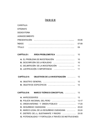 Í N D I C E
CARÁTULA
EPÍGRAFE
DEDICATORIA
AGRADECIMIENTO
PRESENTACIÓN ………………………………………………….......... 05-06
ÍNDICE ……………………………………………………………..… 07-08
TÍTULO ……………………………………………………………...... 09
CAPÍTULO I: ÁREA PROBLEMÁTICA ………………………... 10
A. EL PROBLEMA DE INVESTIGACIÓN ………………………… 10
B. DESCRIPCIÓN DE LA REALIDAD ……………………………. 10
C. DELIMITACIÓN DE LA INVESTIGACIÓN ….……………….... 11
D. JUSTIFICACIÓN E IMPORTANCIA ……………………………. 11
CAPÍTULO II: OBJETIVOS DE LA INVESTIGACIÓN …………. 12
A. OBJETIVO GENERAL ……………….…………………………… 12
B. OBJETIVOS ESPECÍFICOS ………..………………………….... 12
CAPÍTULO III: MARCO TEÓRICO CONCEPTUAL …………….. 13
A. ANTECEDENTES …………………………………………………. 13
B. POLICÍA NACIONAL DEL PERÚ ………………………………... 13-17
C. ORDEN INTERNO Y ORDEN PÚBLICO ……………………… 17-20
D. SEGURIDAD CIUDADANA ……………………………………….. 20-22
E. MARCO LEGAL DE LA SEGURIDAD CIUDADANA .…………. 22-24
F. DISTRITO DE J.L. BUSTAMANTE Y RIVERO ………..……….. 25-30
G. POTENCIALIDAD Y FORTALEZA A TRAVÉS DE INSTITUCIONES
 