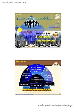 เอกสารประกอบการบรรยายวิชา HRM
                                                                       โครงการพัฒนาบุคลากรกลุ่มโลจิสติกส์




                 903431




                                                                                             HRM
                                                                                                  โดย...
                                                                                อาจารยศกดดา หวานแกว
                                                                                อาจารยศักดิ์ดา หวานแกว
                                                                                   มือถือ 081-5765046
                                                                                Email: sakda@tips.co.th



                                  CHAPTER 2
                                                              Modern HRM as
                                                              Strategic
                                                               Management

                                             14 มิ.ย. 2552




                เนื้อหาการบรรยาย

                                                                                           HRM
                                                      ระบบสารสนเทศ
                                                      ทรัพยากรมนุษย
                                                          HRIS
                                การบริหาร
                               เชิงสมรรถนะ                   องคกรแหง
                                                ตัวอยาง     การเรียนรู
                                   CBM
                                         เครื่องมือการบริหาร    LO

                                                                           พฒนาคน
                                                                           พัฒนาคน
                           เชิงกลยุทธ                                   พัฒนาองคกร
                                                       แนวคิด HROD


                                การบริหารทรัพยากรมนุษยสมัยใหม

                 บทที่ 2 การจัดการทรัพยากรมนุษยเชิงกลยุทธ                                           2-2




                                                                อ.ศักดิ์ดา หวานแกว คณะโลจิสติกส มหาวิทยาลัยบูรพา
 