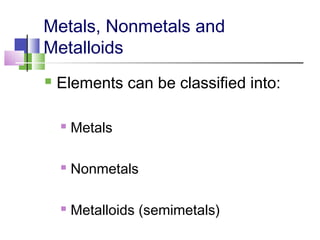 Metals, Nonmetals and 
Metalloids 
 Elements can be classified into: 
 Metals 
 Nonmetals 
 Metalloids (semimetals) 
 